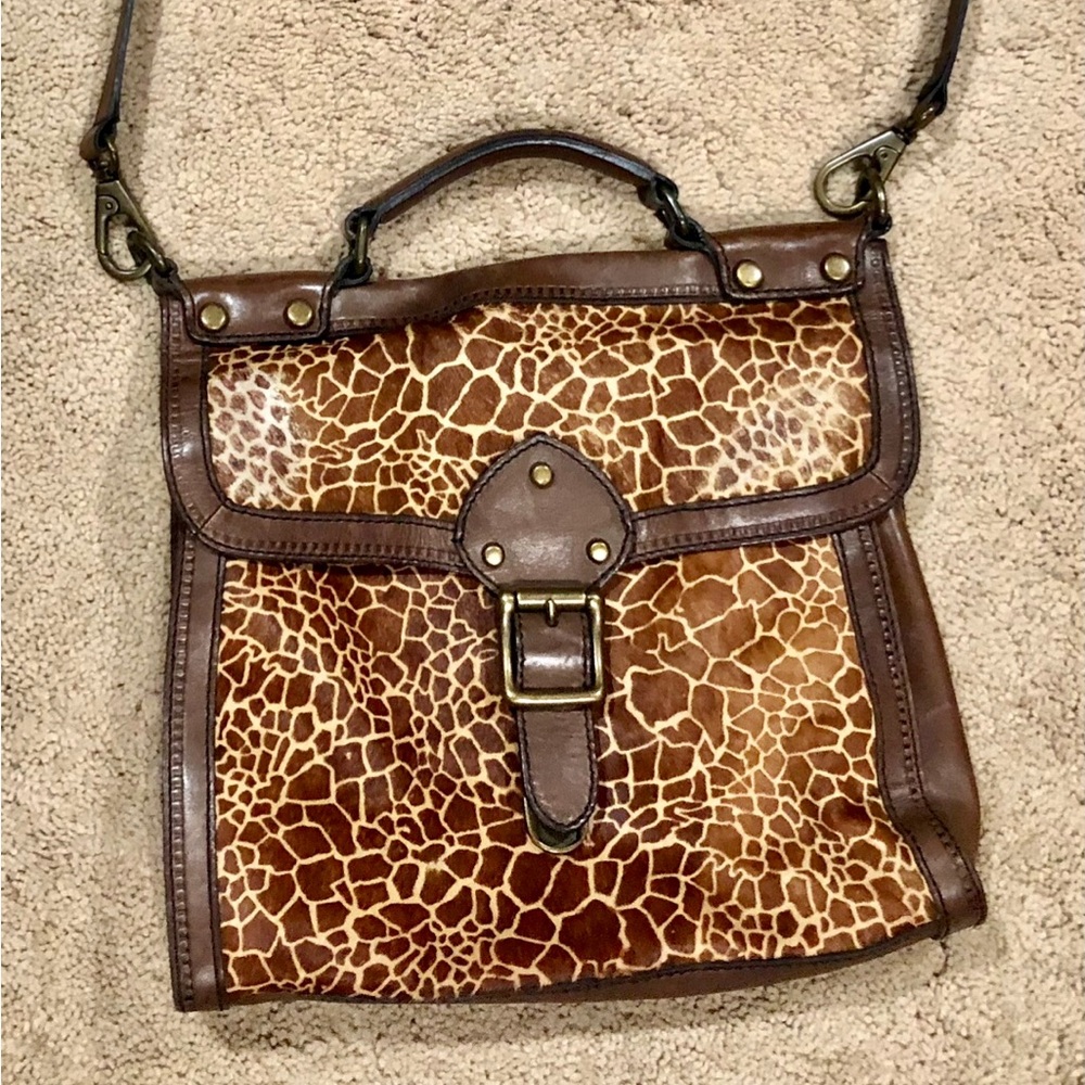 Fossil Brown Leather Giraffe Print Messenger Bag